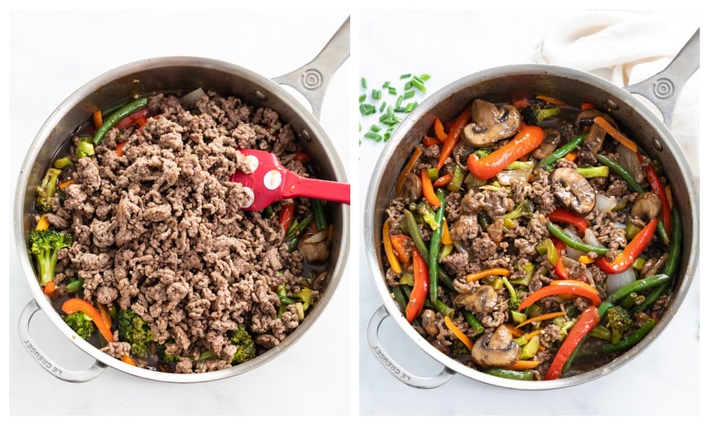 Adding ground beef to a skillet with vegetables and sauce for stir fry.
