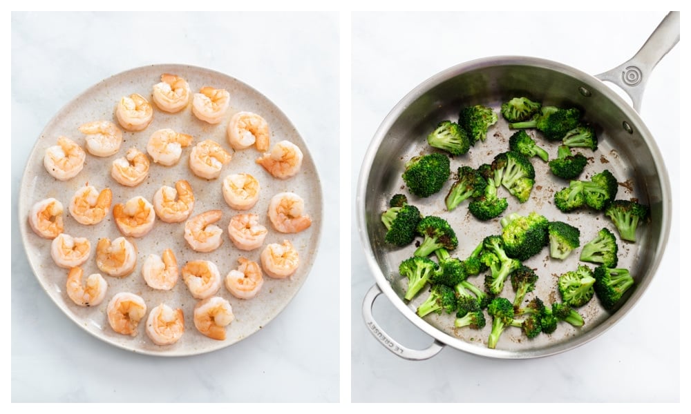 A plate of cooked shrimp next to a skillet of cooked broccoli.