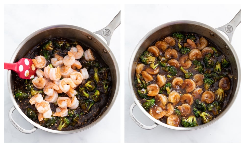 Adding shrimp to honey garlic sauce with broccoli and stirring to combine.