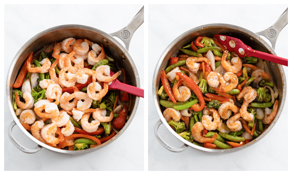 Adding shrimp to a skillet with vegetables and sauce for stir fry.
