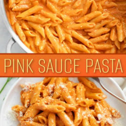 A collage of Pink Sauce Pasta in a skillet and on a white plate.