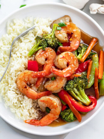 A white plate with shrimp stir fry in a brown sauce with rice and vegetables.