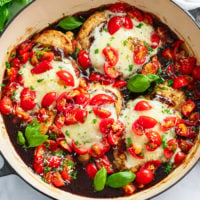 Bruschetta Chicken in a Balsamic sauce with diced tomatoes and fresh basil.
