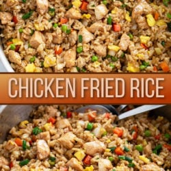A collage of Chicken Fried Rice in a skillet.