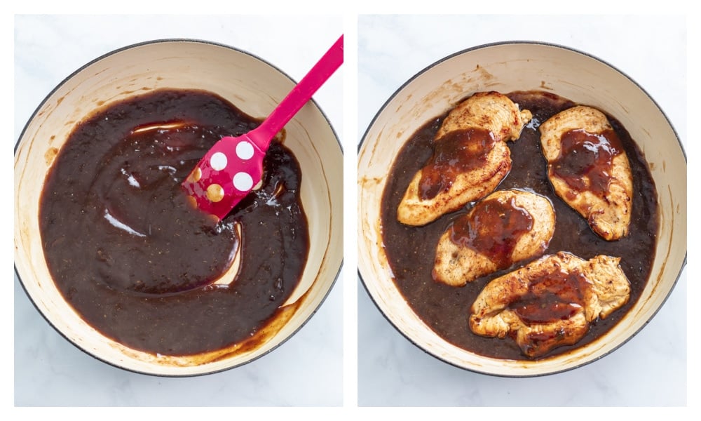 A skillet with balsamic sauce next to a skillet with chicken and sauce spooned on top.