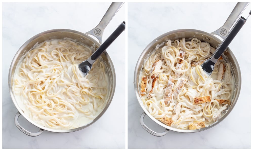 Chicken Alfredo Pasta in a skillet with kitchen tongs.