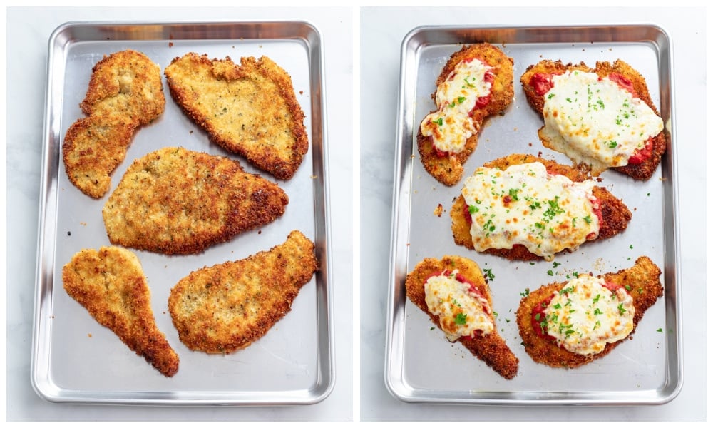 Chicken Parmesan on a baking sheet before and after being topped with sauce and cheese and baked.