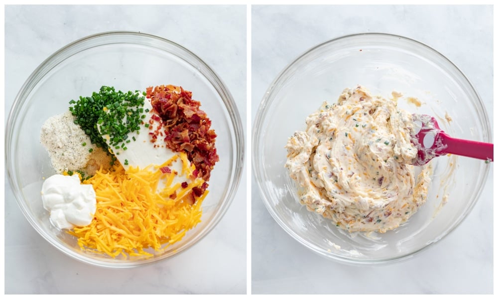 A bowl of jalapeno popper cream cheese filling before and after being mixed.