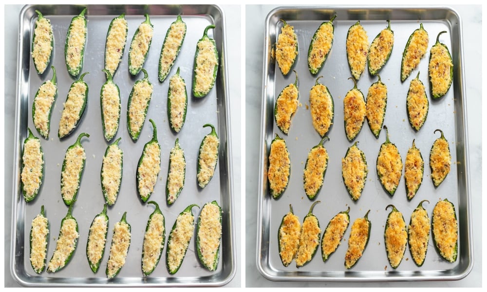 Jalapeno Poppers on a baking sheet before and after being baked.