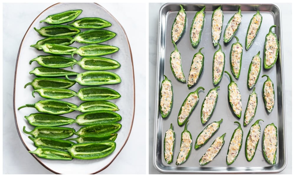 Jalapeno peppers cut in half before and after being filled with cream cheese filling.