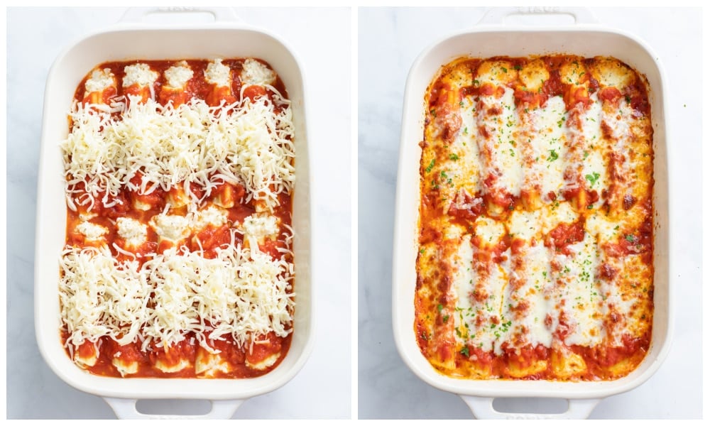 Manicotti in a baking dish before and after being baked.