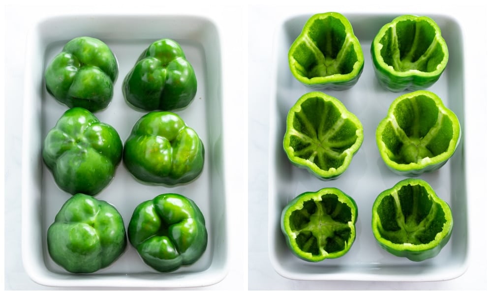 Bell Peppers in a casserole dish upside-down and right-side-up.