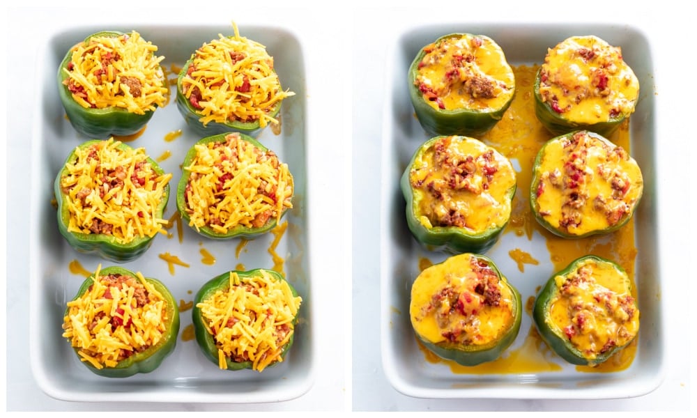 A casserole dish with stuffed peppers topped with cheese before and after baking.