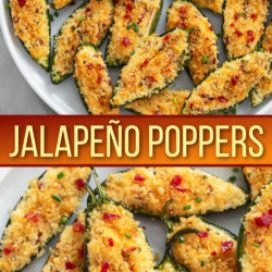 A collage of Jalapeno Poppers on a plate with bacon and chives.