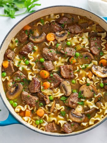 A soup pot filled with Beef Noodle Soup with mushrooms, carrots, noodles, and beef.