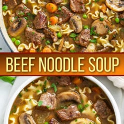 A collage of Beef Noodle Soup in a soup pot and in a white soup bowl.