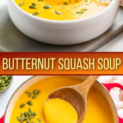 A collage of Butternut Squash Soup in a white bowl and in a red pot.