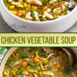 A collage of Chicken Vegetable Soup in a bowl and in a soup pot.