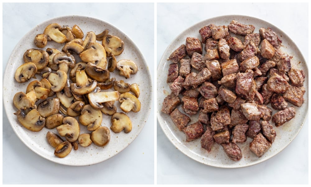 A plate of sauteed mushrooms next to a plate of seared beef.