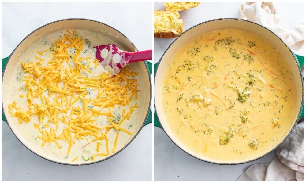 Adding cheese to a Broccoli Cheese Soup.