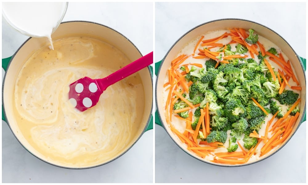 Adding cream, broccoli, and carrots to Broccoli Cheese Soup.