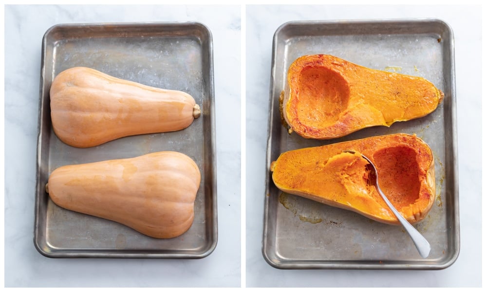 Butternut Squash on a baking sheet before and after roasting.