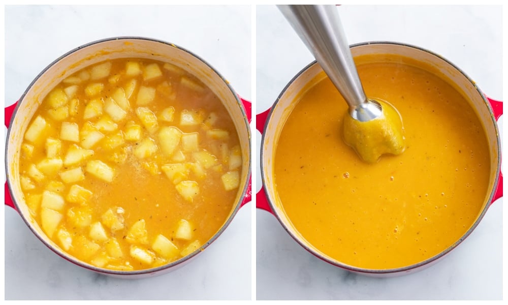 Using an immersion blender to blend butternut squash soup with sliced apples.