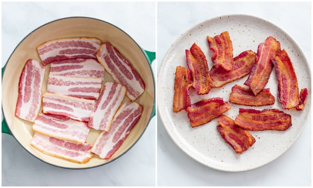 Bacon in a pot and on a plate before and after being cooked.
