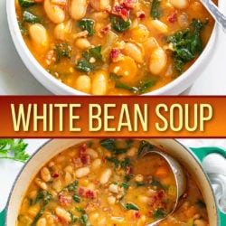A collage of White Bean Soup in a bowl and in a soup pot.