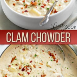 A collage of Clam Chowder in a soup pot and in a white bowl.