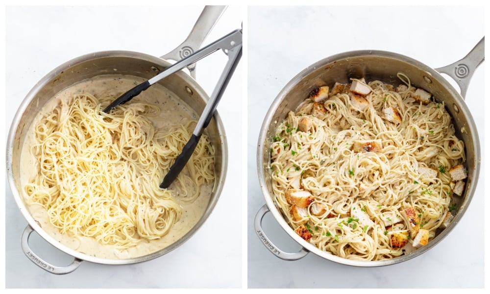 A skillet filled with Parmesan cream sauce with angel hair and chicken being added and combined.