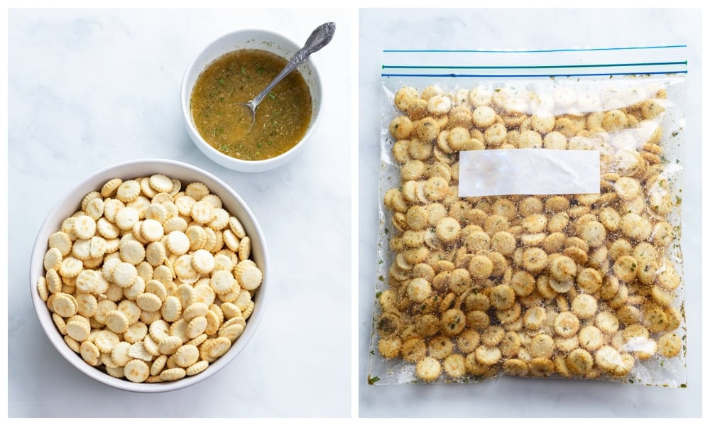 Oyster crackers in a bowl and in a bag before and after mixing with oil and seasonings.