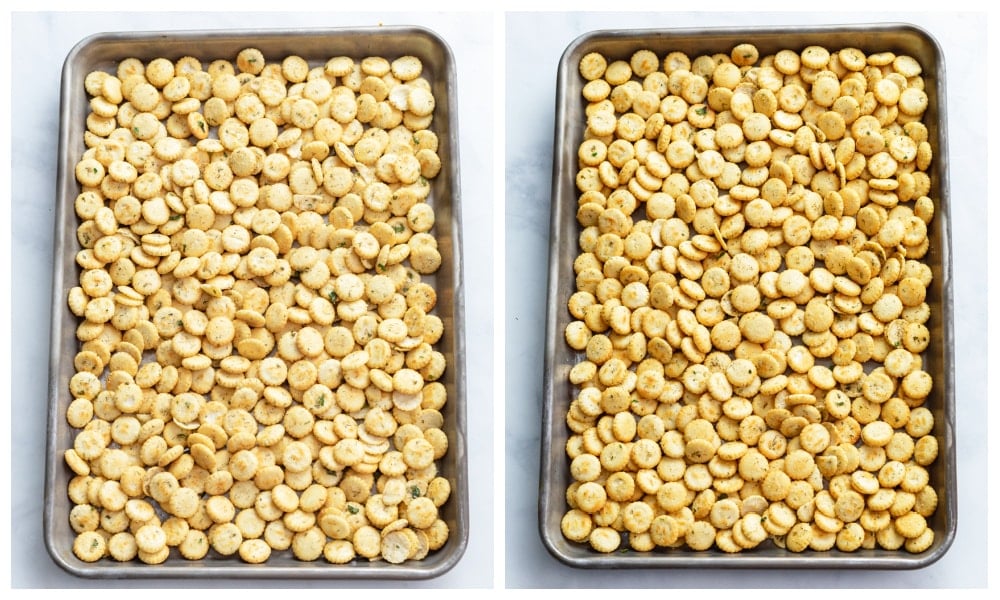 Oyster crackers on a baking sheet before and after baking.
