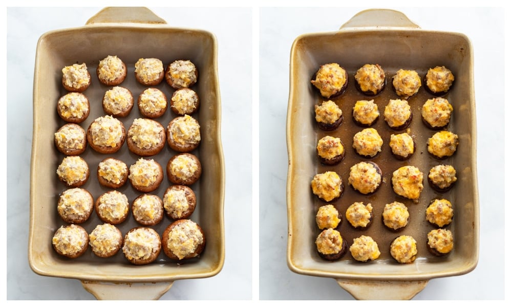 Stuffed Mushrooms in a baking dish before and after baking.