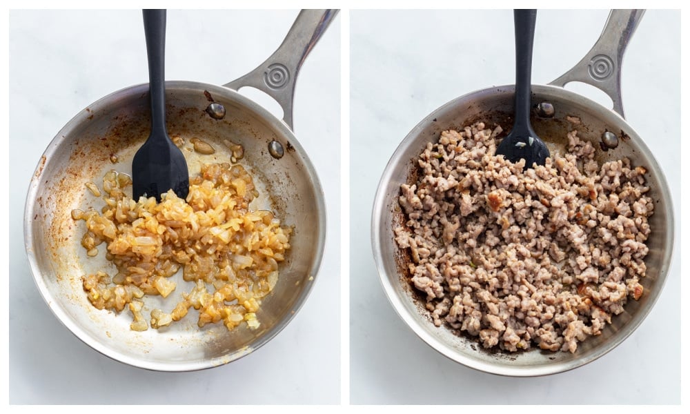 Caramelized diced onions in a skillet next to a skillet with cooked ground sausage.