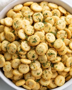 A white bowl filled with Ranch Oyster Crackers.