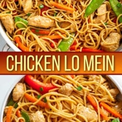A collage of Chicken Lo Mein in a skillet and on a plate.