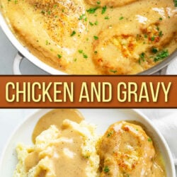 A collage of Chicken and Gravy in a skillet and on a plate with potatoes and green beans.