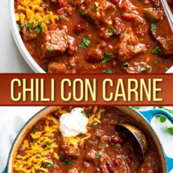 A collage of Chili Con Carne in a bowl and in a Dutch oven.