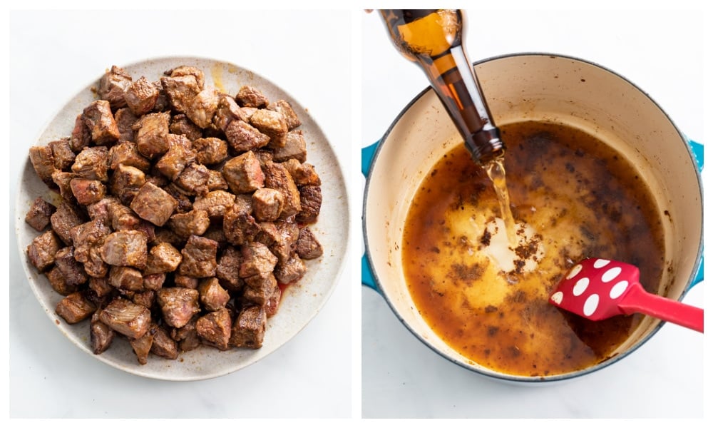 A plate of cooked beef next to a pot with beer being poured into it.