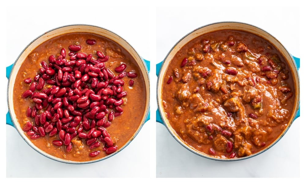 Adding kidney beans to a pot of Chili Con Carne