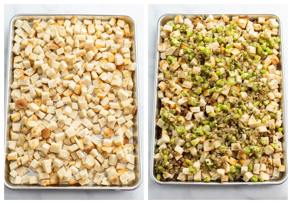Bread cubes on a baking sheet with sausage, celery, and onions being added to make stuffing.