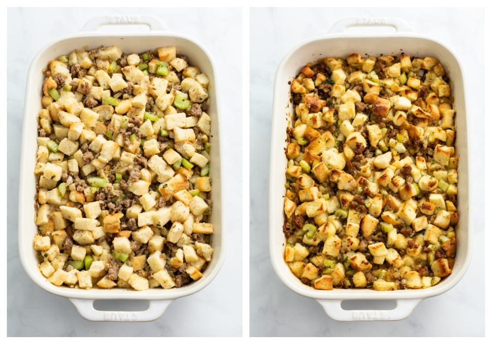 Sausage Stuffing in a casserole dish before and after being baked.