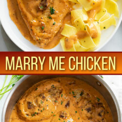 A collage of Marry Me Chicken on a white plate and in a skillet.