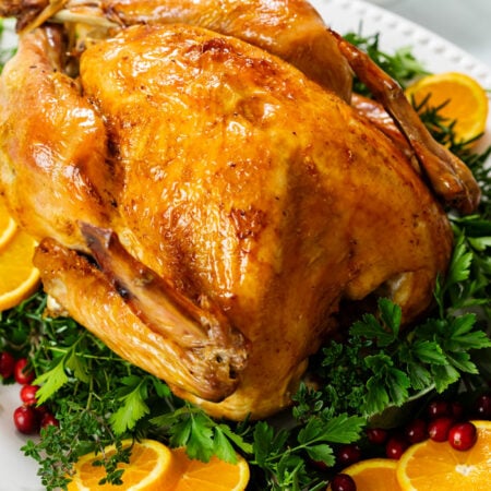 A roast turkey on a white platter with parsley, cranberries, and orange slices.