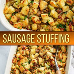 A collage of Sausage Stuffing in a casserole dish.