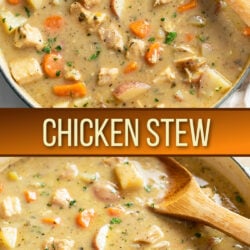 A collage of Chicken Stew in a soup pot.