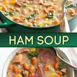 A collage of Ham Soup in a soup pot and in a bowl.