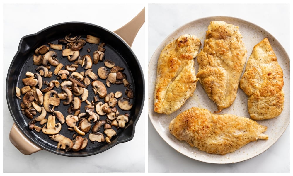 Cooked mushrooms in a skillet next to a plate of seared chicken breast slices.