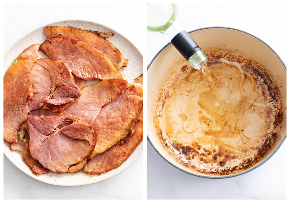 Slices of crispy ham on a plate next to a soup pot being deglazed with white wine.